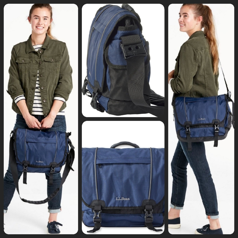 COPY - LL Bean Black Blue Nylon Messenger Computer Bag Flap Embroidered Univ. O…